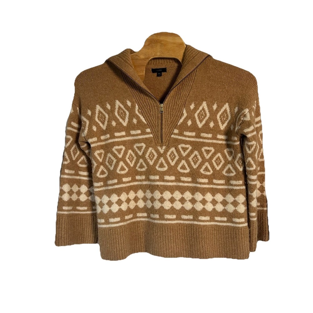 J Crew Women M/L Alpaca Blend Wool Fair Isle‎ Half Zip Sweater Beige White